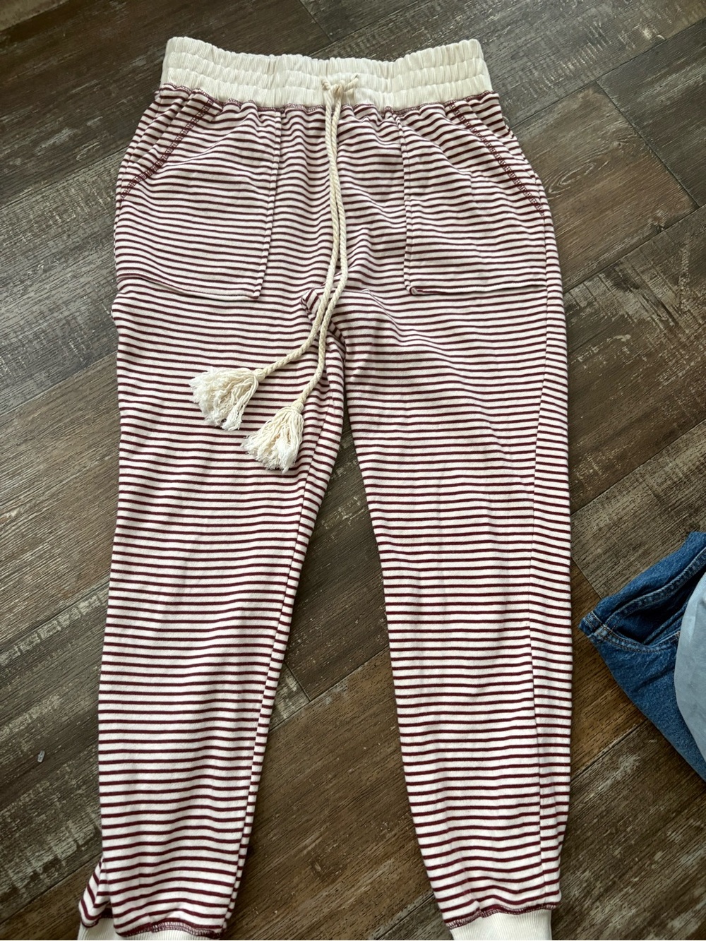 By the River Anthopology Burgundy & Cream Drawstring Jogger Leggings, M